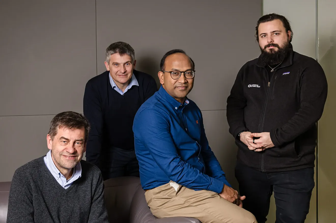 Photo showing the first Literal Labs founders and CEO including Noel Hurley, Professor Alex Yakovlev, and Professor Rishad Shafik